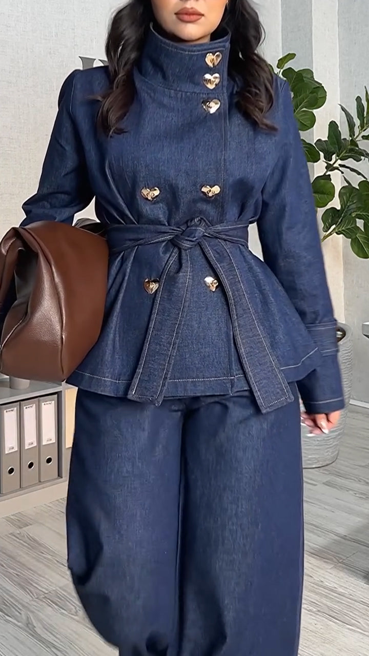 Women Standing Collar Jacket+ Pants Style Casual Denim Suit