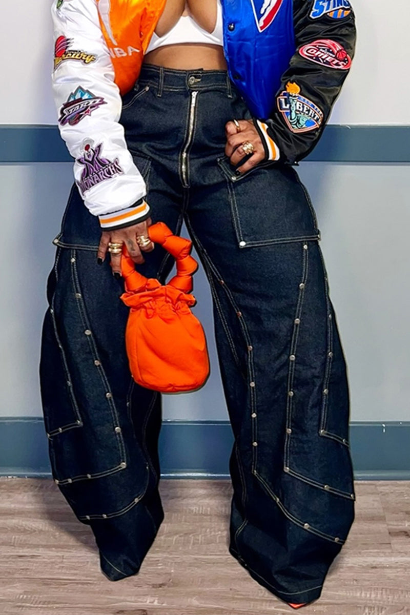 Women's Fashion Rivet Patchwork Cargo Wide Leg Jeans