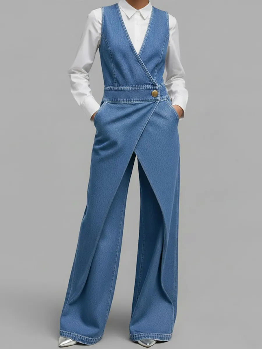 Women's V-neck Sleeveless Casual Loose Denim Wide-leg Jumpsuit