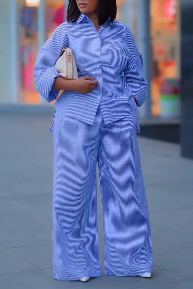 Women's Collar Shirt+Pants Loose Casual Set