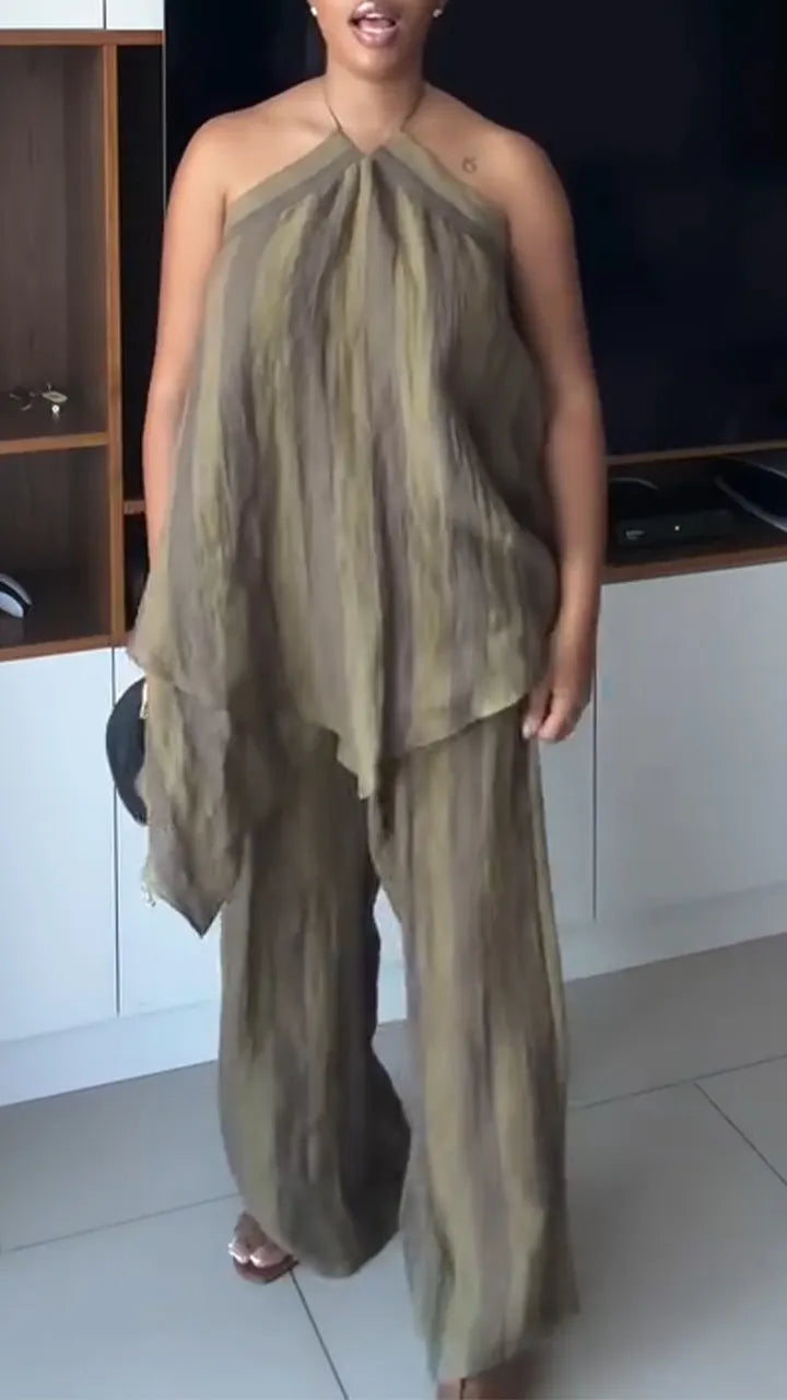Women Neck Hanging Contrasting Irregular Top and Pants Casual Suit