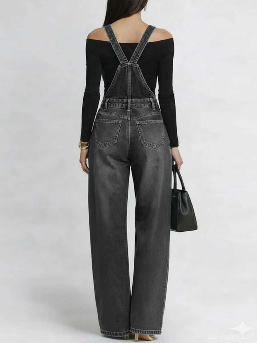 Women's Casual Loose Denim Overalls Wide-leg Jumpsuit