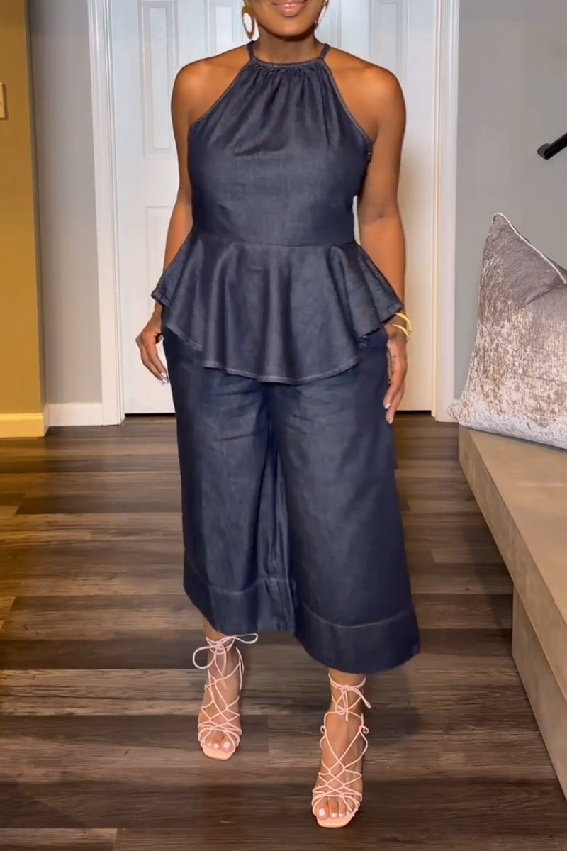 Women's Neck Hanging Spliced Top+ Pants Casual Denim Suit