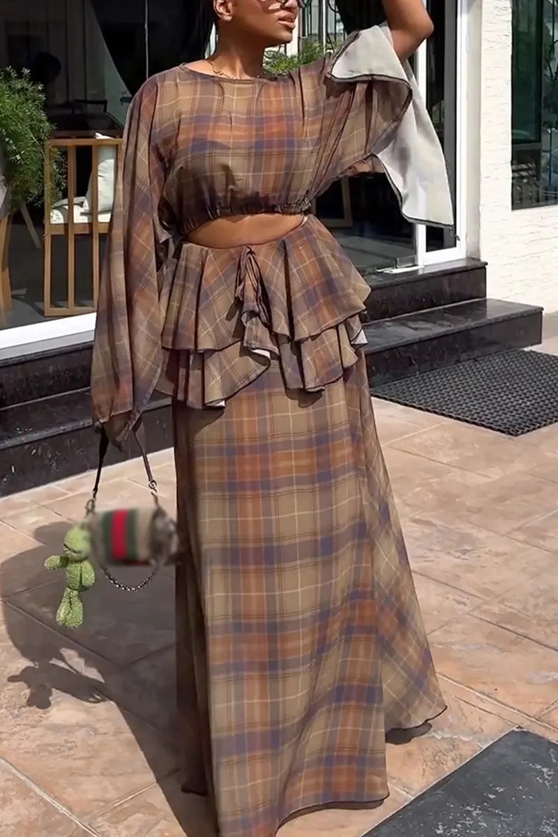 Women's Round Neck Plaid Top+ Patchwork Skirt Elegant Casual Set