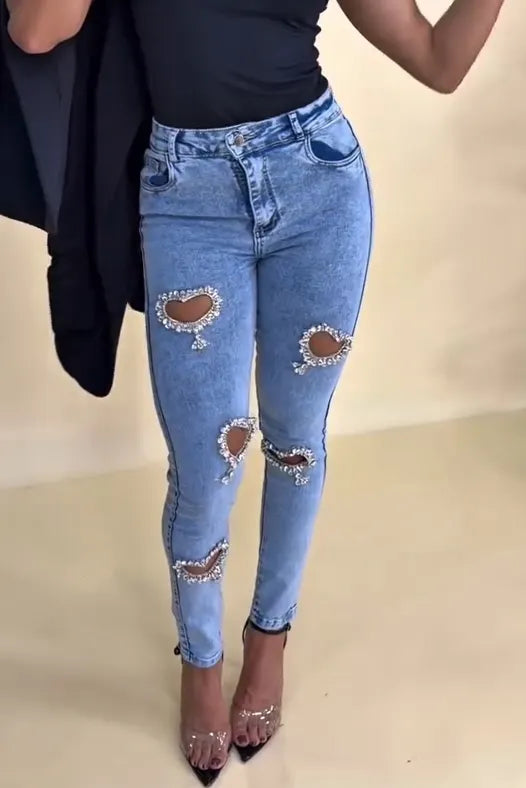 Women's Revival Style Rhinestone Heart-Shaped Cutout Jeans
