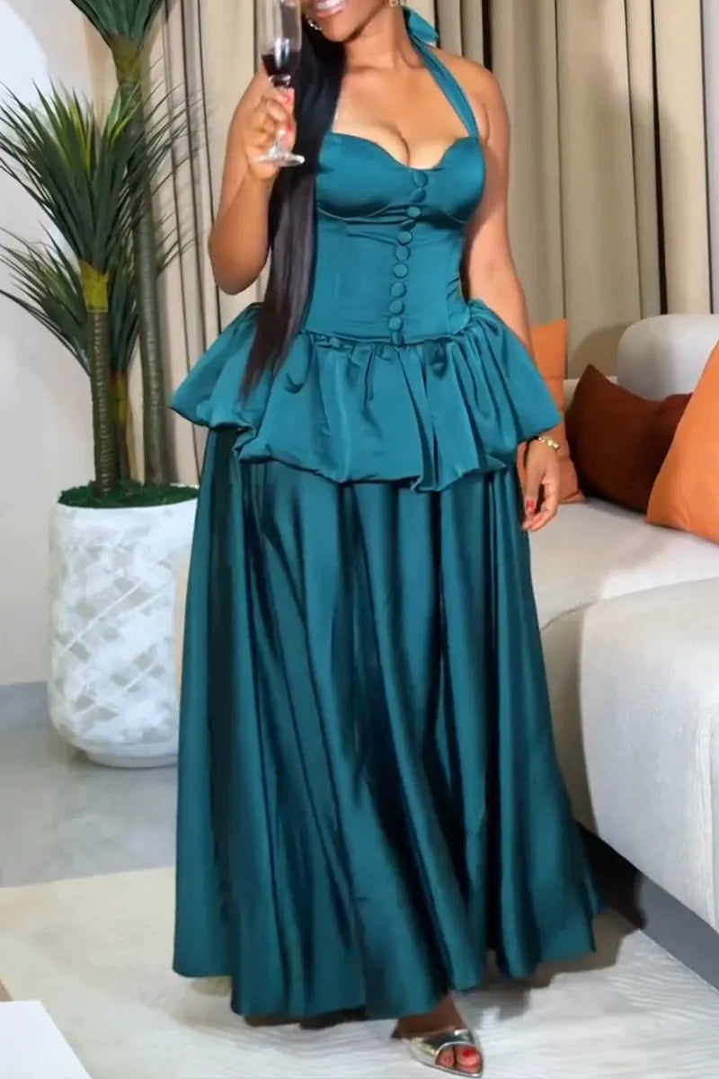 Women's Elegant Balloon Tiered Hem Tie Waist Cinching Maxi Dress