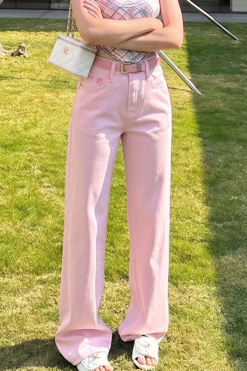 Women's Casual Pink Wide Leg Jeans(Belts Not For Sale)