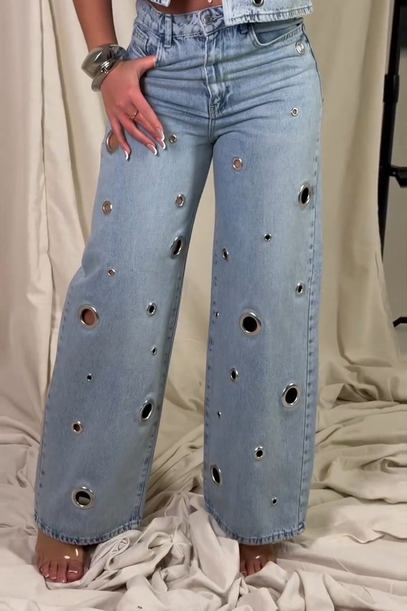 Women's Fashion Cutout Design Denim Vest & Wide Leg Jeans