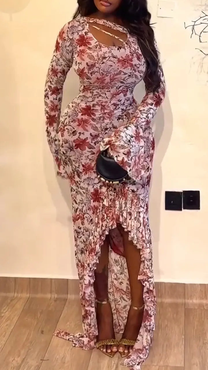 Women Hollowed Out Printed Waist Cinching Irregular Vacation Casual Style Maxi Dresses