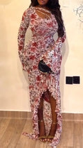 Women Hollowed Out Printed Waist Cinching Irregular Vacation Casual Style Maxi Dresses