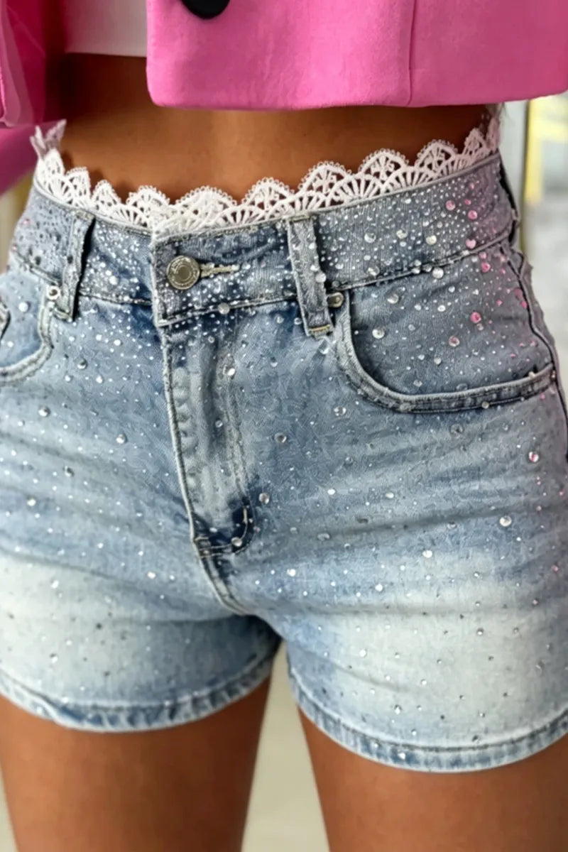 Women's Short Denim Shorts With Rhinestone Accents And Lace Waistband