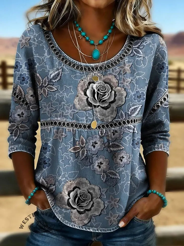 Women's Vintage Print Casual Hollow Denim Shirt