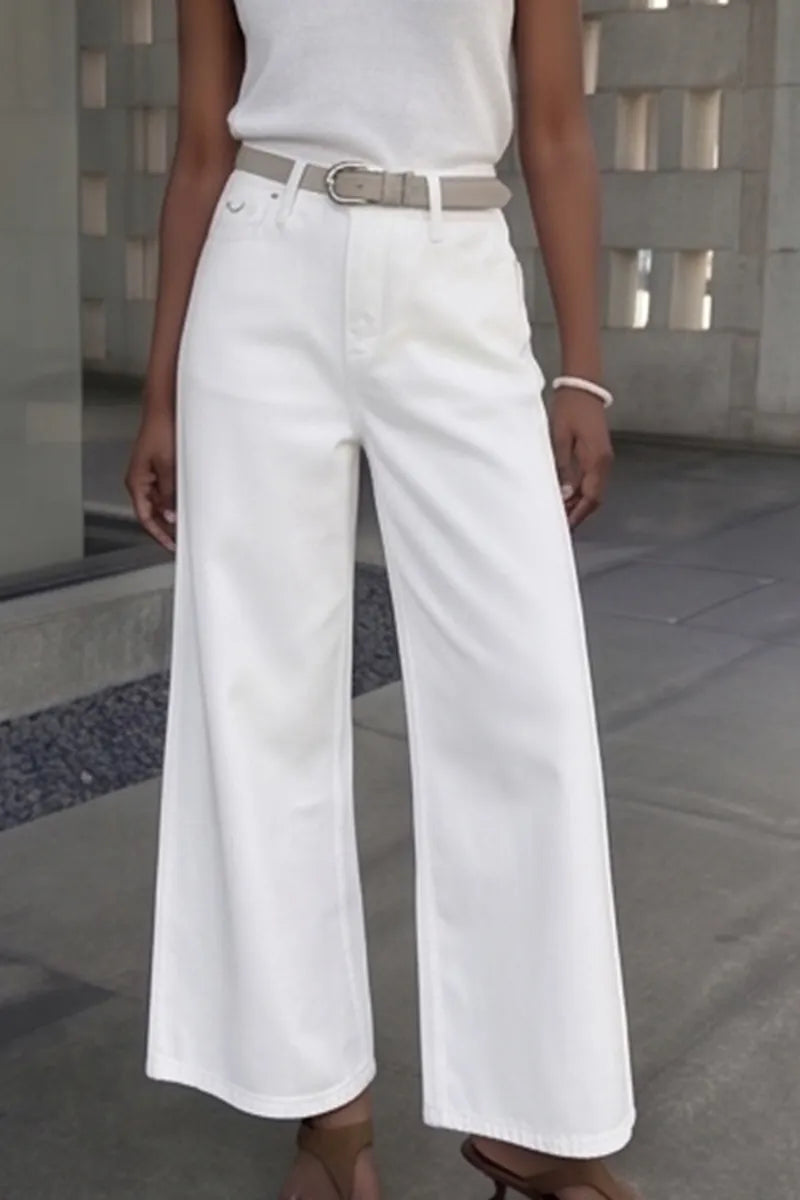 Women's Casual White Wide Leg Jeans(Belts Not For Sale)