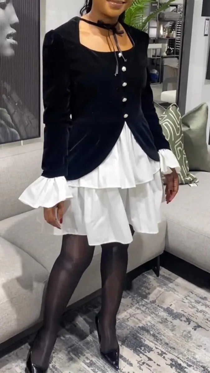 Women Square Neck Velvet Buckle Patchwork Elegant Temperament Dress