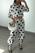 Women's Collar Polka Dot Printed Jacket+ Pants Casual Suit