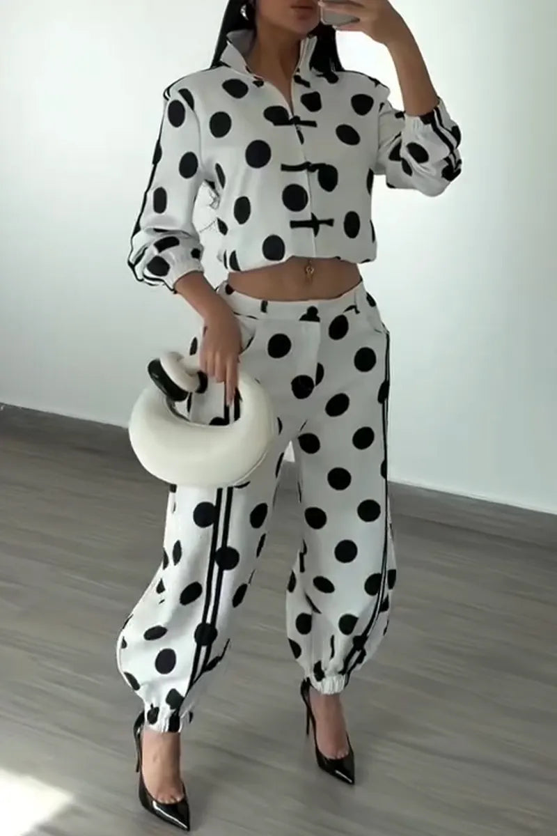 Women's Collar Polka Dot Printed Jacket+ Pants Casual Suit
