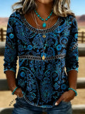 Retro Floral Print Casual Hollow Denim Shirt