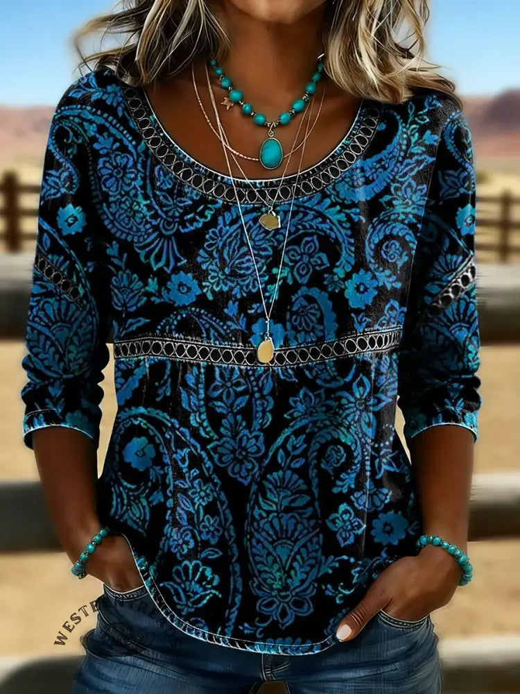 Retro Floral Print Casual Hollow Denim Shirt
