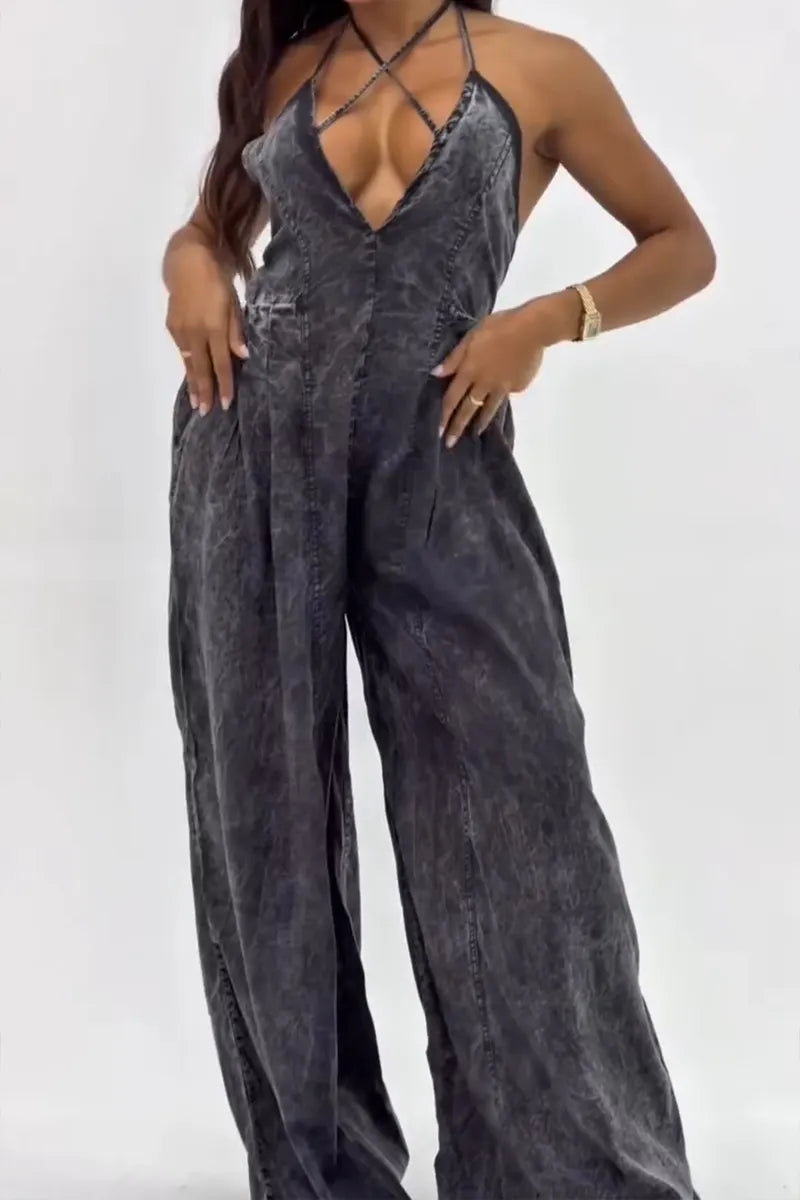Women's Deep V Neck Distressed-Wash Denim Jumpsuit