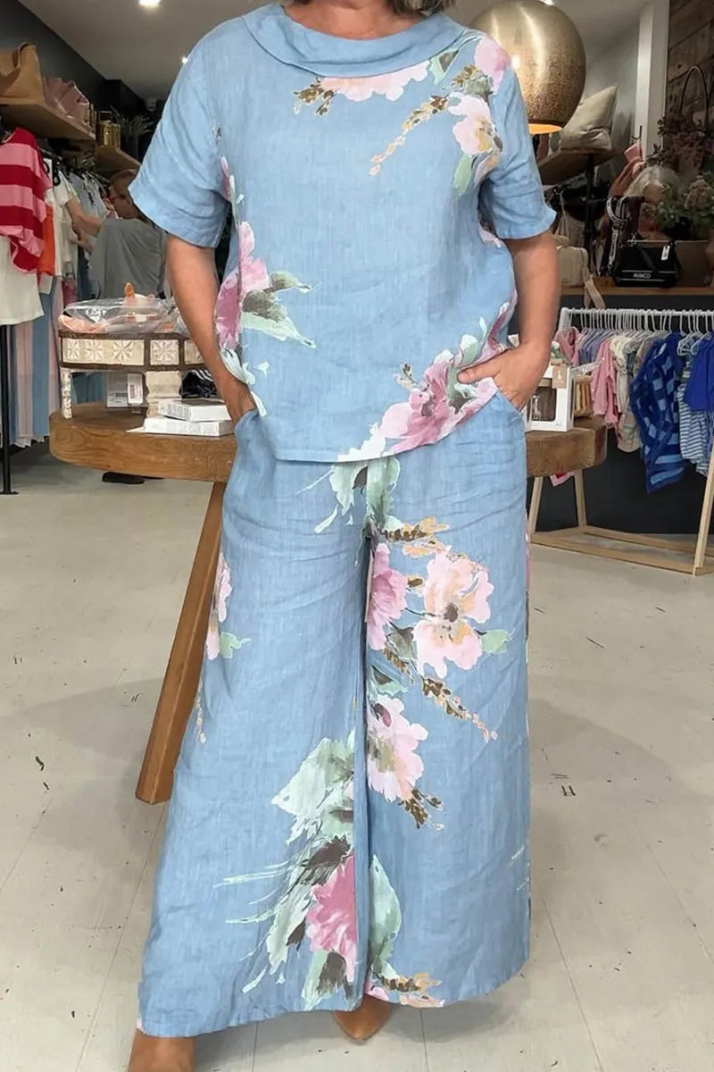 Women's Casual Printed T Shirt Top Or Wide Leg Pants