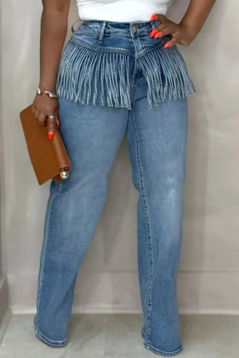 Women's Casual Wide Leg Jeans With Fringed Splicing