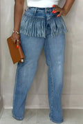 Women's Casual Wide Leg Jeans With Fringed Splicing