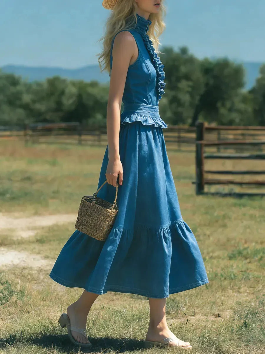 Women's Retro Elegant Stylish Zip High-Neck Sleeveless Ruffled Denim Dress