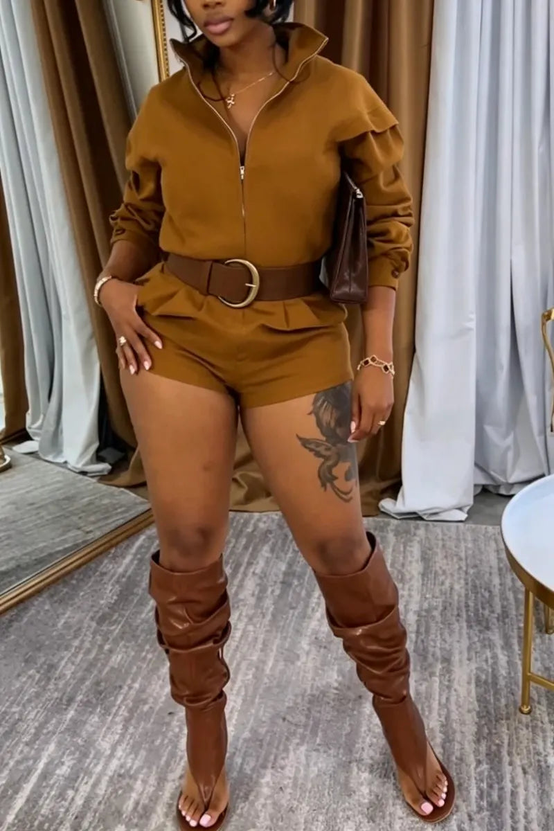 Women's Collar Solid Color Temperament Casual Short Jumpsuit