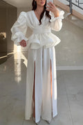 Women's Elegant Ruffle Hem Shirt Slit Pants Two-Piece Set