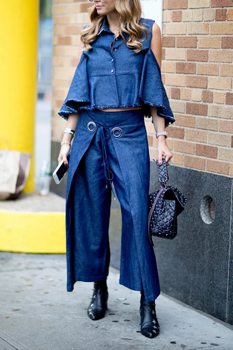 Women's Casual Shoulder Cutout Frayed Hem Denim Top or Layered Jeans