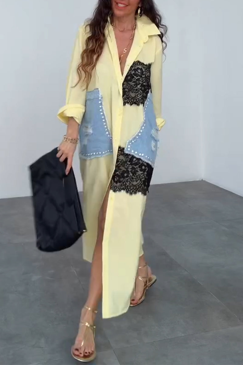 Women Collar Patchwork Denim Lace Elegant Casual Maxi Dresses