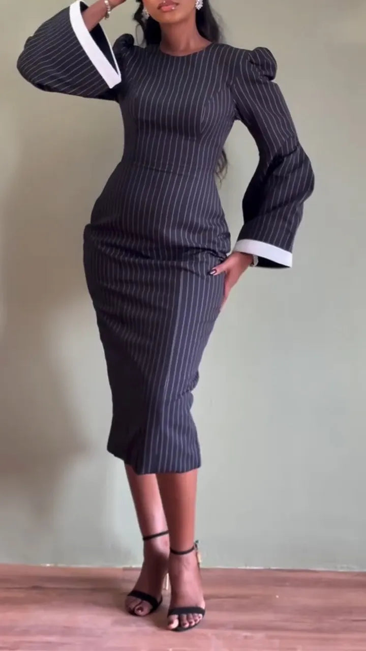 Women Round Neck Waist Cinched Flared Sleeve Design Elegant Temperament Dress