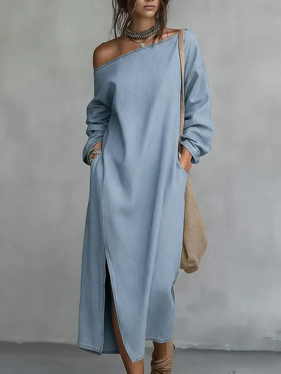 Pockets Solid Color Split-front H-line Long Sleeves One-shoulder Maxi Dresses