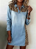 Women's Casual Denim Dress With Leopard Print Paneling