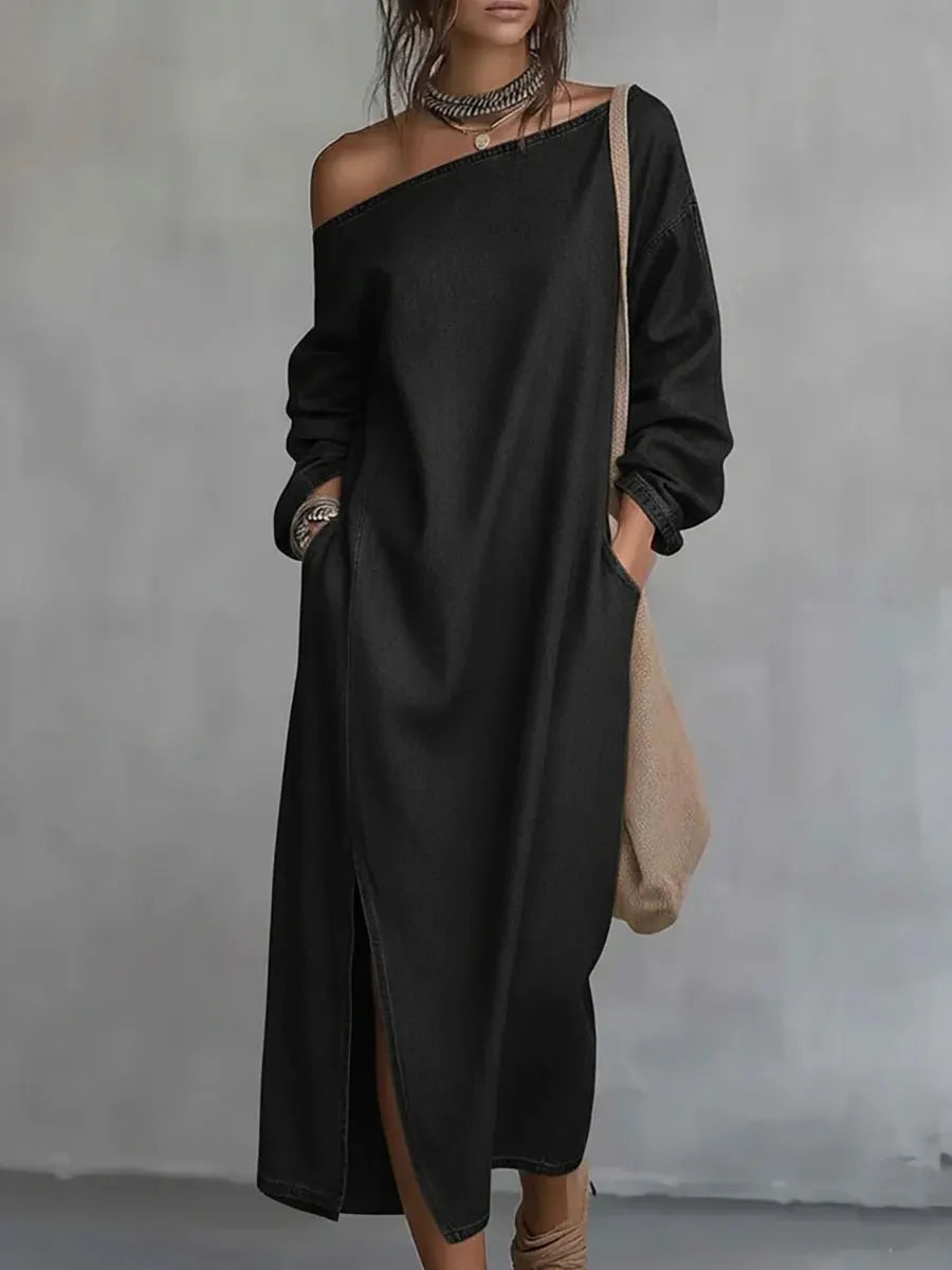 Pockets Solid Color Split-front H-line Long Sleeves One-shoulder Maxi Dresses