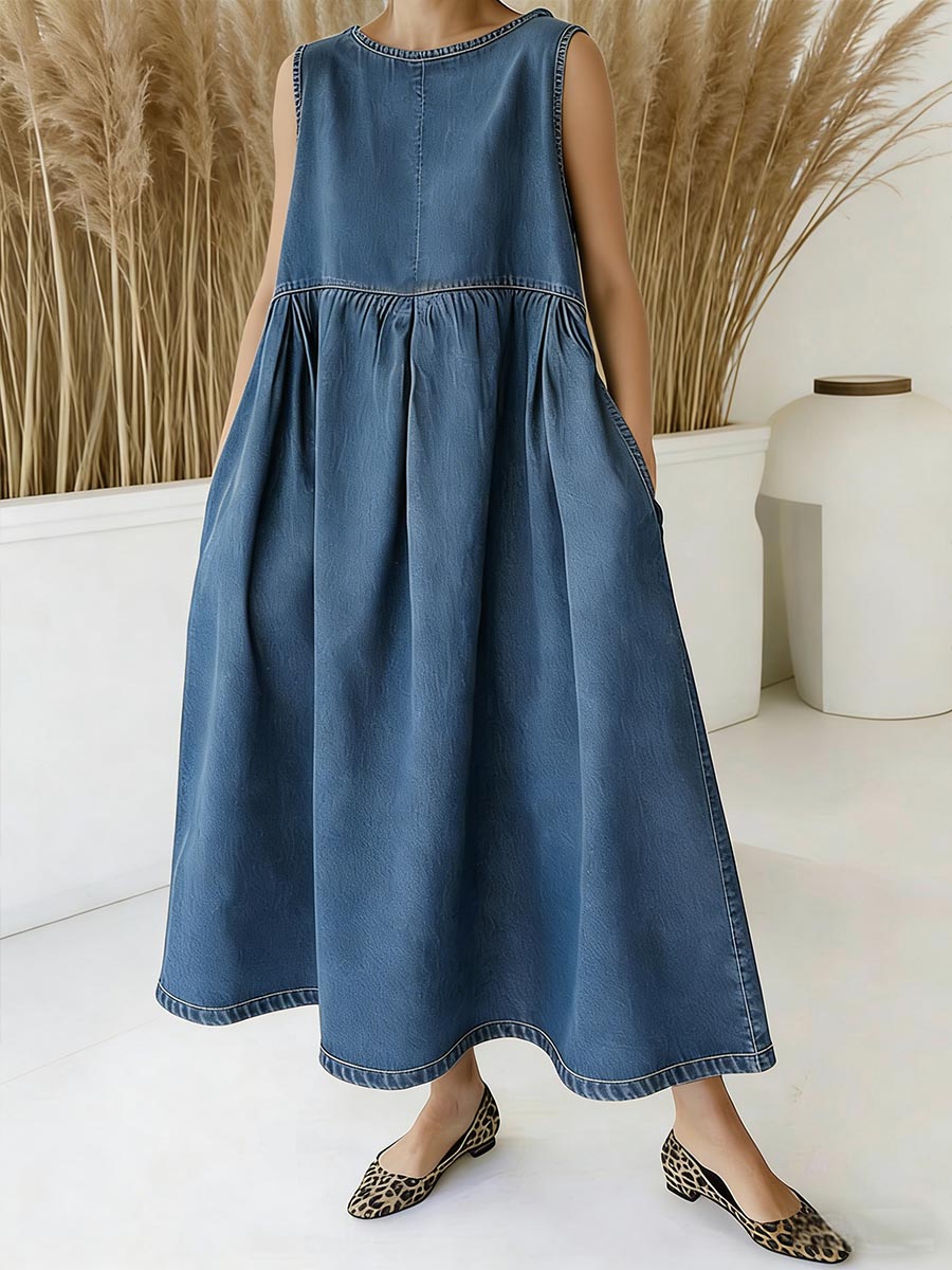Women's Round Neck Sleeveless Casual Loose Denim Dress