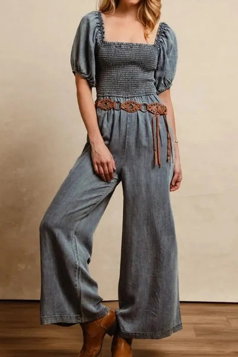 Women's Casual Puff Sleeve Wide Leg Denim Jumpsuit (Belts Are Not For Sale)