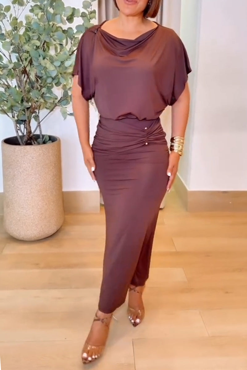 Women's Elegant Drape Neck Slim Hem Midi Dress