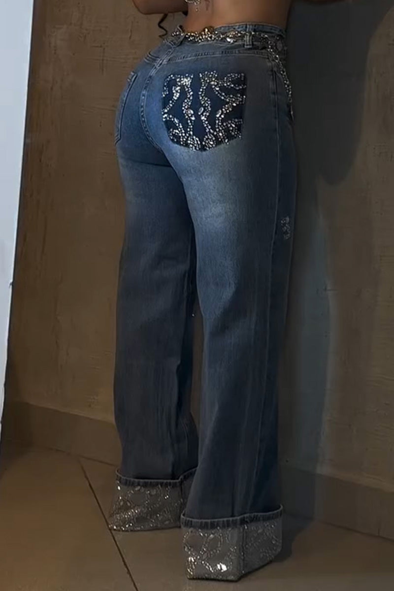Women's Designer Rhinestone Hem Wide Leg Jeans