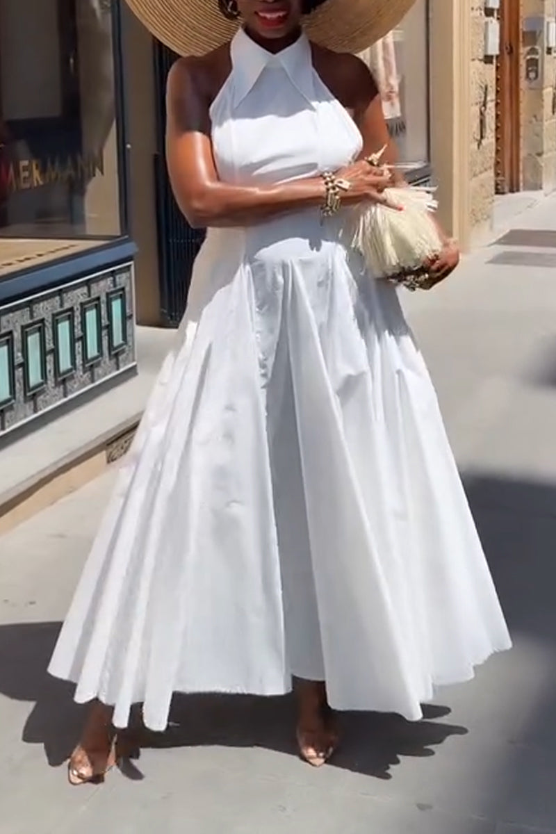 Women's Collar Sleeveless Waist Cinched Solid Color Elegant Temperament Dress
