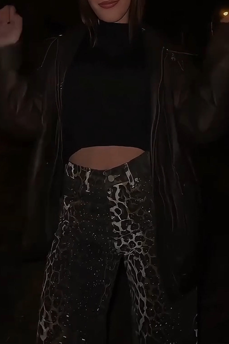 Women's Fashion Animal Print Shiny Rhinestone Wide Leg Jeans