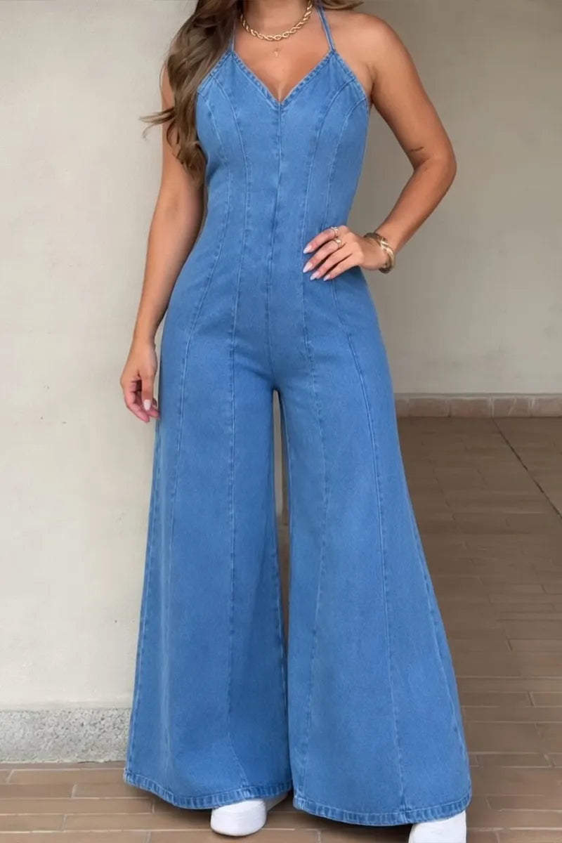 Women's Casual Strappy Wide Leg Denim Jumpsuit