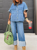 Casual Short-sleeved Denim Shirt And Jeans Two-piece Set