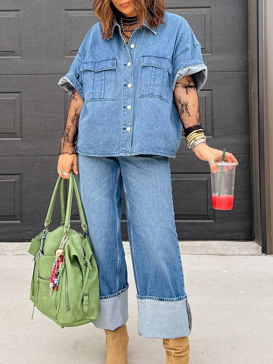 Casual Short-sleeved Denim Shirt And Jeans Two-piece Set