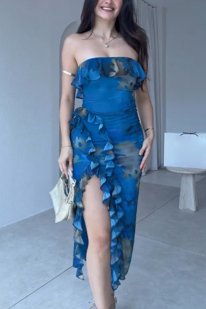 Women's Strapless Printed Patchwork Slit Elegant Temperament Dress