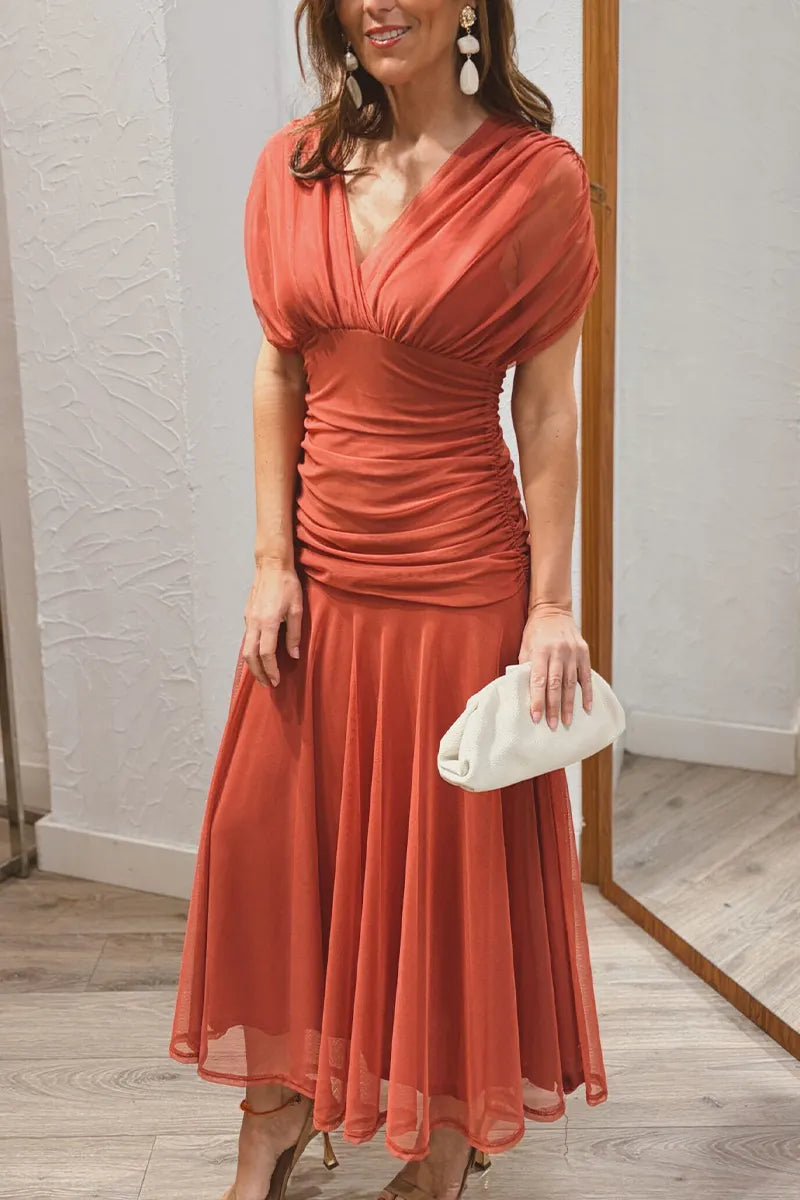 Women V-neck Waist Cinching Solid Color Elegant Casual Maxi Dresses