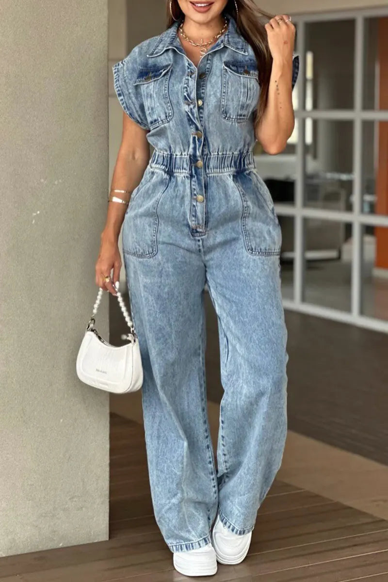 Women's Casual Wide Shoulder Waist Cinching Denim Jumpsuit