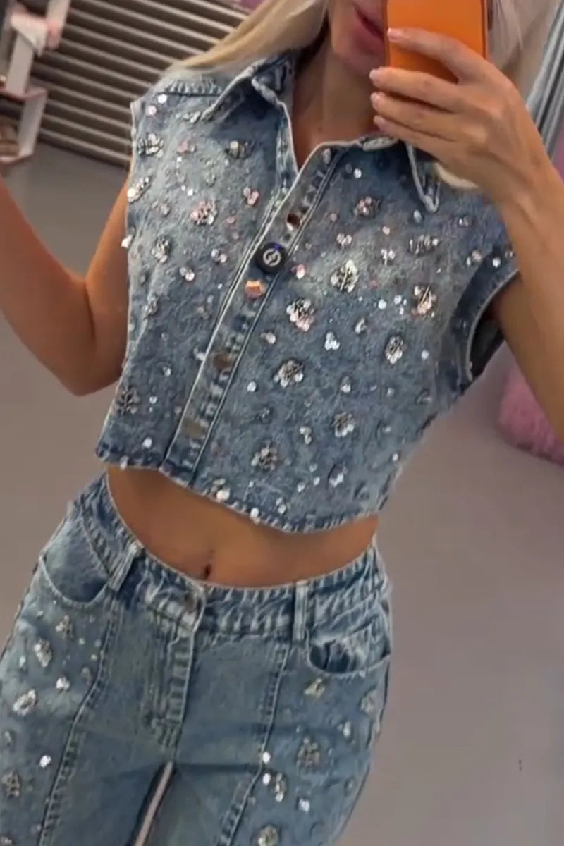 Women's Fashion Sparkling Sequin Rhinestone Denim Vest or Jeans