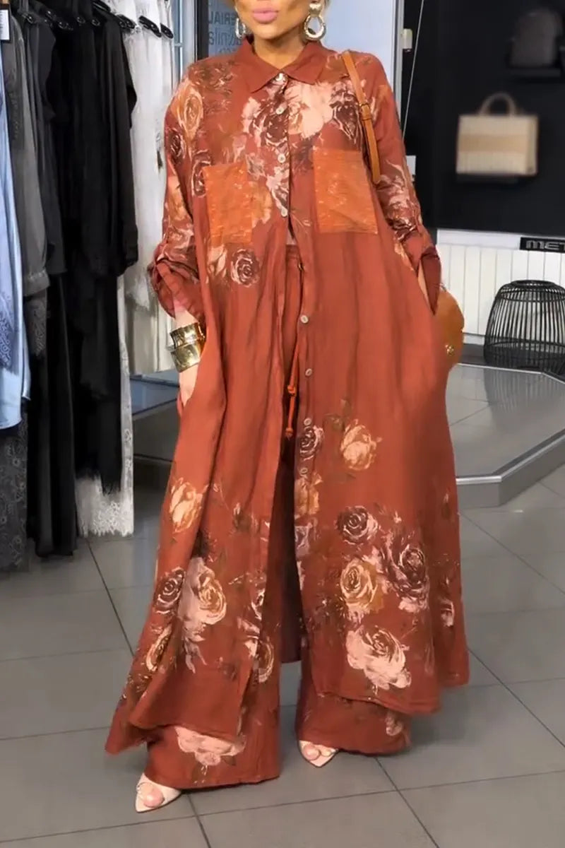 Women Collar Printed Long Cardigan+ Wide Leg Pants Loose Casual Suit
