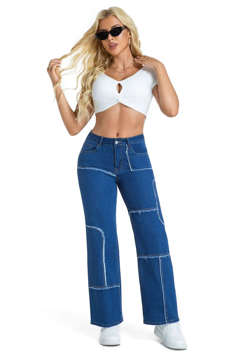 Casual Stretch Panel Raw Hem Wide Leg Jeans